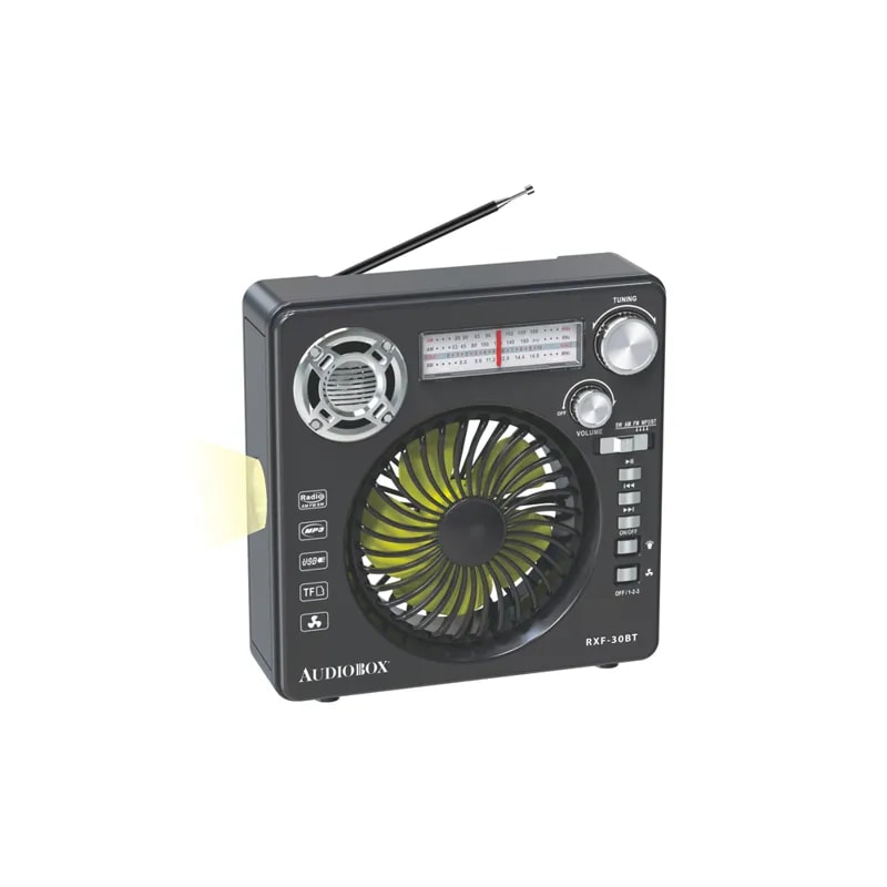 Parlante Audiobox Ventilador Portatil Recargable RFX-30 FM Radio Bluetooth Carga Solar
