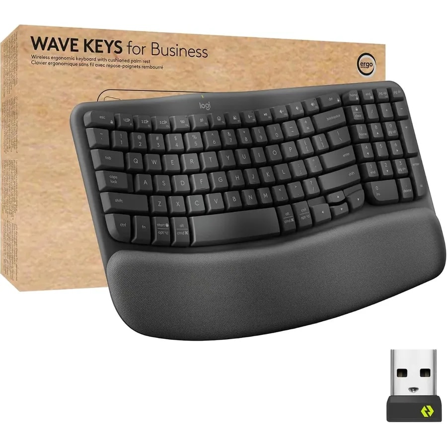 Teclado Logitech Wave Keys B2B / Wireless / Ergonomico / Reposamanos / Hasta 3 Disp. / 2 Pilas AAA