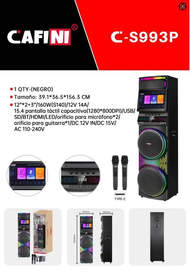 Torre de Sonido Karaoke CAFINI Doble 12" con Pantalla Táctil 15.6"