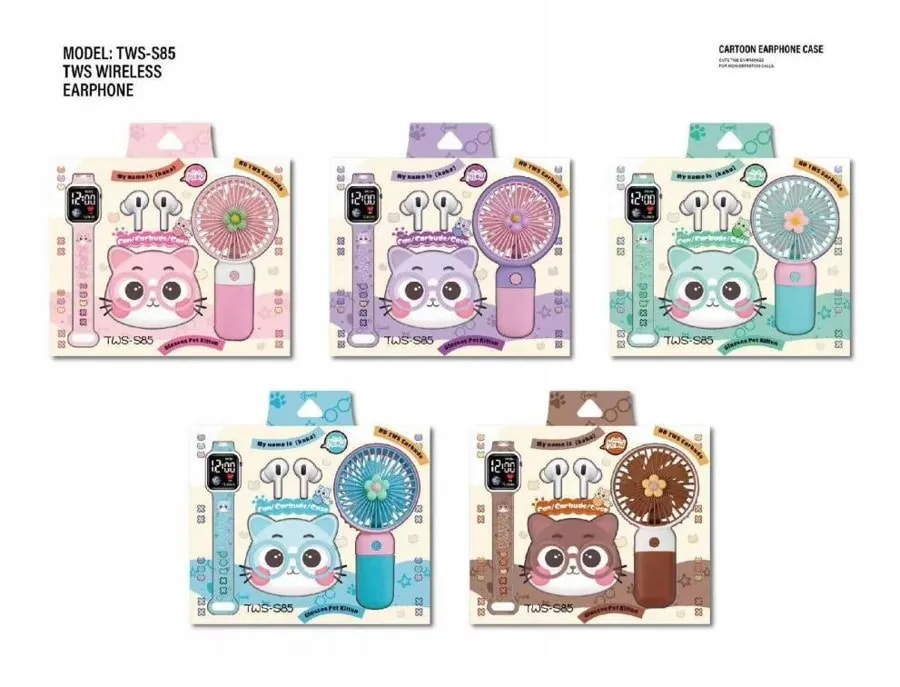 Set de Regalo Audífonos TWS con Reloj y Mini Ventilador Gatito
