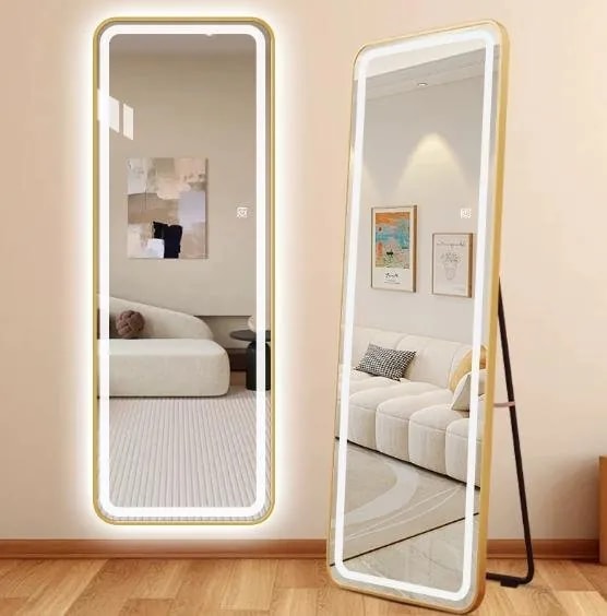 Espejo de Piso con Luz LED y Soporte Dorado 160x50 cm