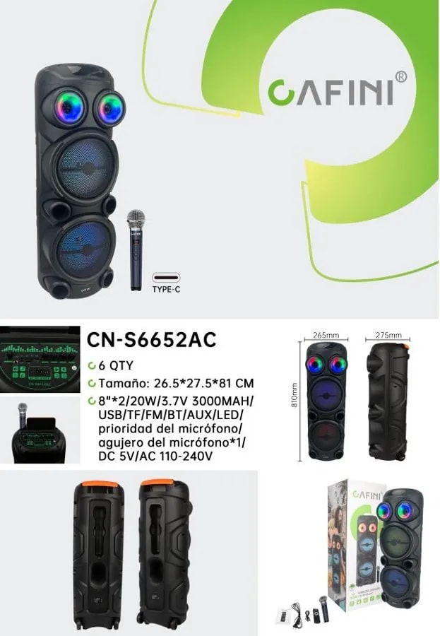Torre de Sonido Bluetooth CAFINI Doble 8" con Micrófono