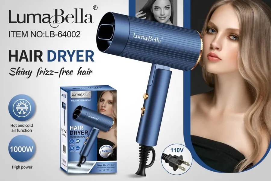 Secador de Cabello Compacto Luma Bella 1000W Azul