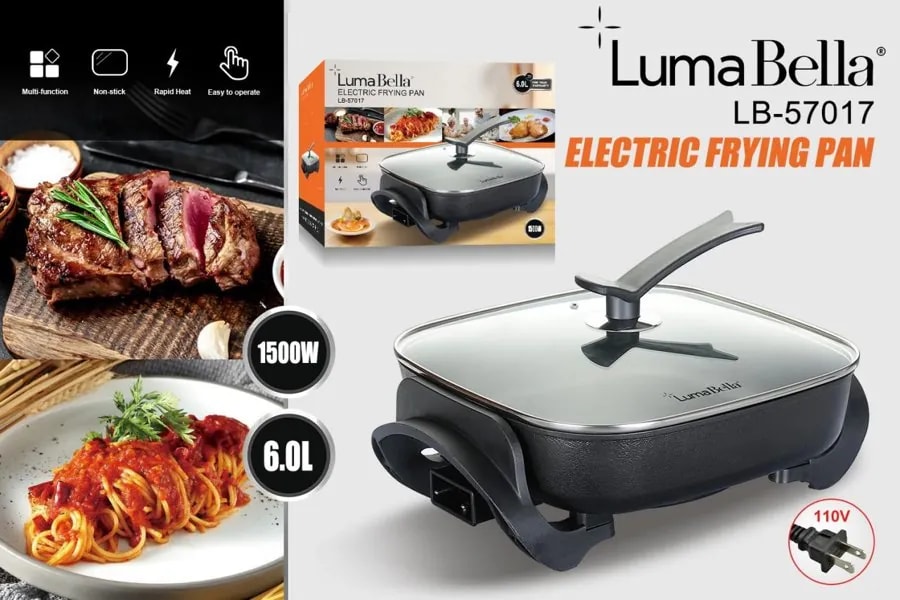 Sartén Eléctrico Luma Bella 1500W 6 L con Tapa de Vidrio