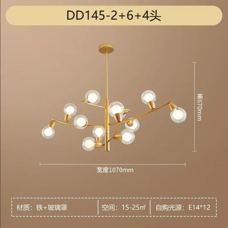 Araña Moderna de 12 Luces Dorada con Globos de Vidrio 107 cm