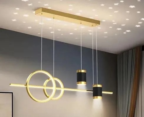 Lámpara Colgante LED Lineal Dorada con Anillos y Focos