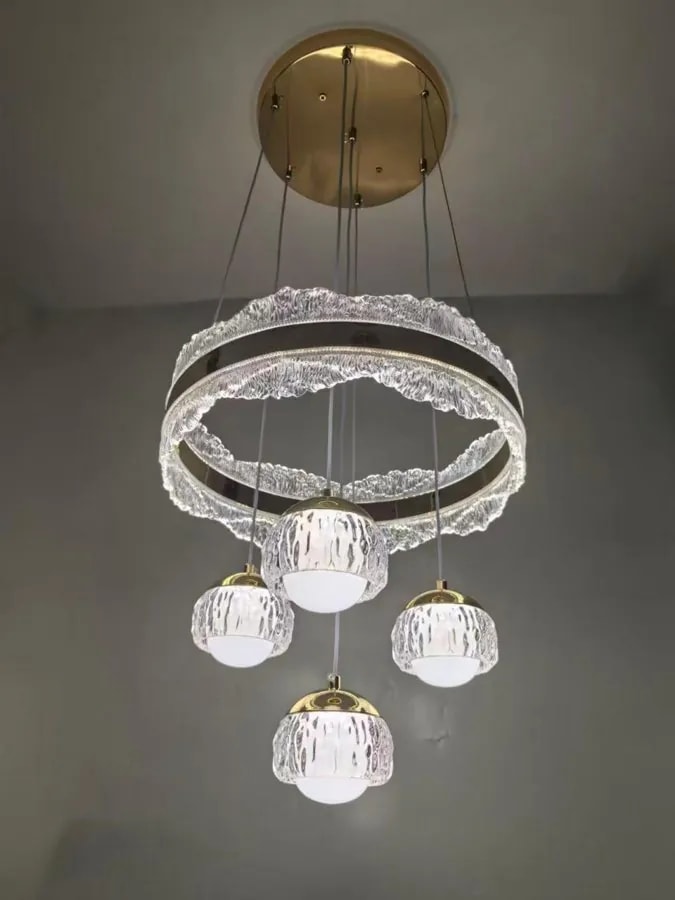 Lámpara Colgante LED de Doble Aro con 4 Globos Tallados
