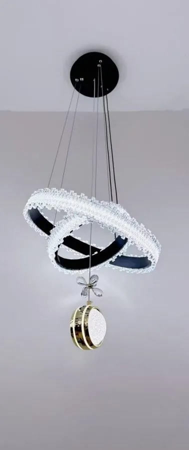 Lámpara Colgante LED de Aros Negros con Colgante de Cristal