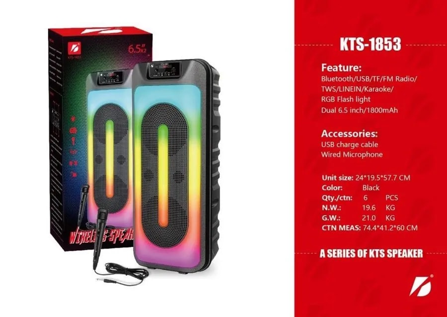 Parlante Bluetooth Doble 6.5" con Luces RGB y Micrófono
