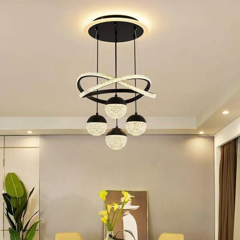 Lámpara Colgante LED Negra con Anillos y Esferas de Cristal