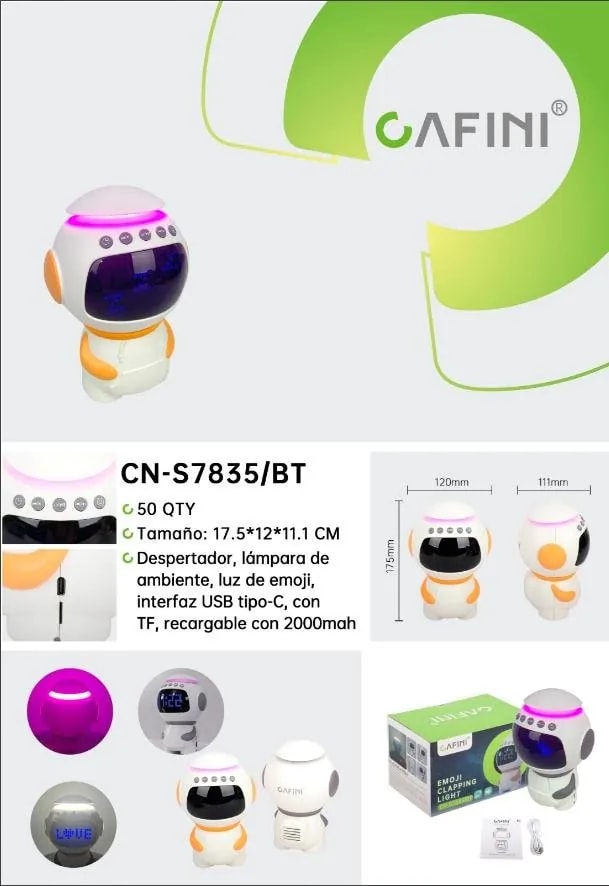 Parlante Bluetooth CAFINI Astronauta con Reloj Despertador y Luz