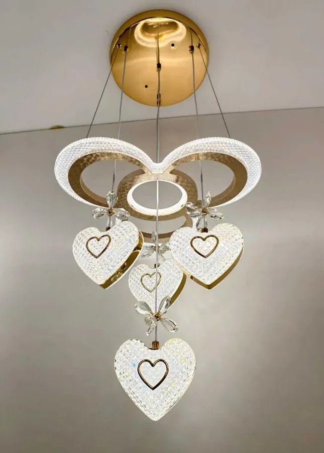 Lámpara Colgante LED de 4 Aros con Corazones de Cristal
