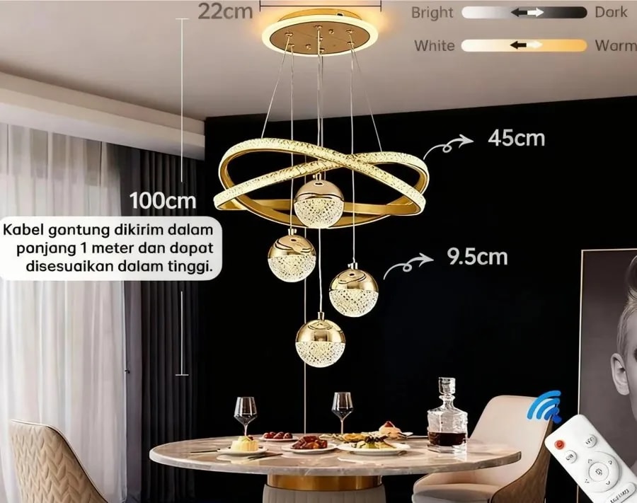 Lámpara Colgante LED para Comedor Dorada con Esferas de Cristal