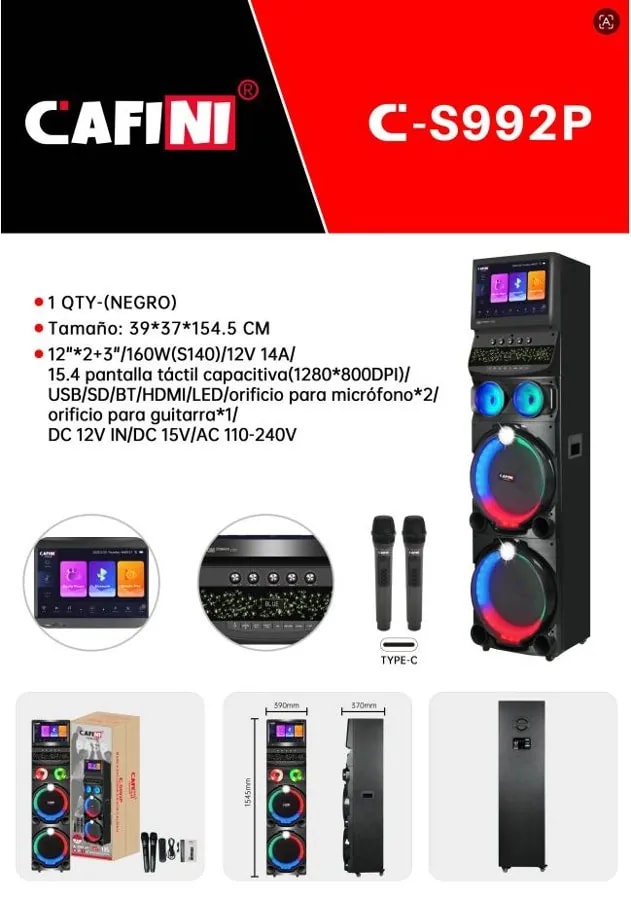 Torre de Sonido Karaoke CAFINI Doble 12" con Pantalla Táctil 15.6"