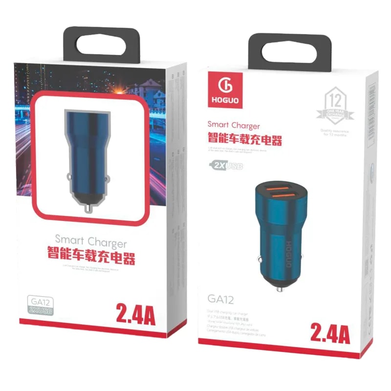 Cargador de auto Hoguo GA12 doble USB 2.4A metálico azul