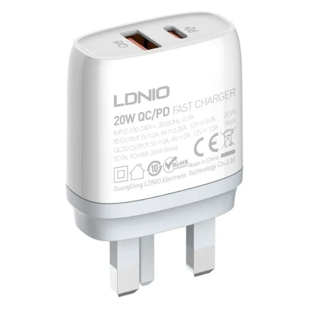 Cargador LDNIO Q229 20W USB-C + USB QC3.0 con cable USB a Lightning