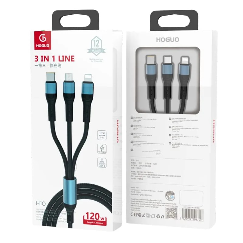 Cable 3 en 1 Hoguo H10 (Lightning, Tipo C y Micro) trenzado 1.2 m