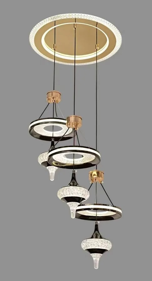 Lámpara Colgante LED en Cascada de 3 Aros Negro y Dorado