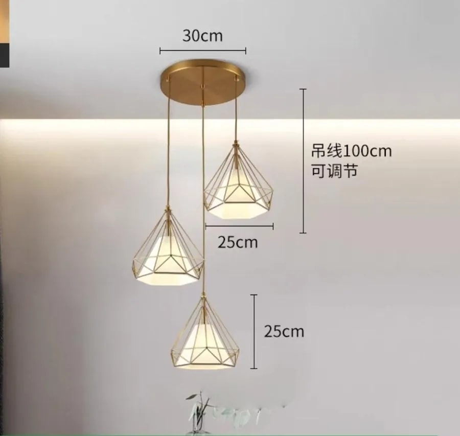 Lámpara Colgante Dorada de 3 Luces Diseño Diamante