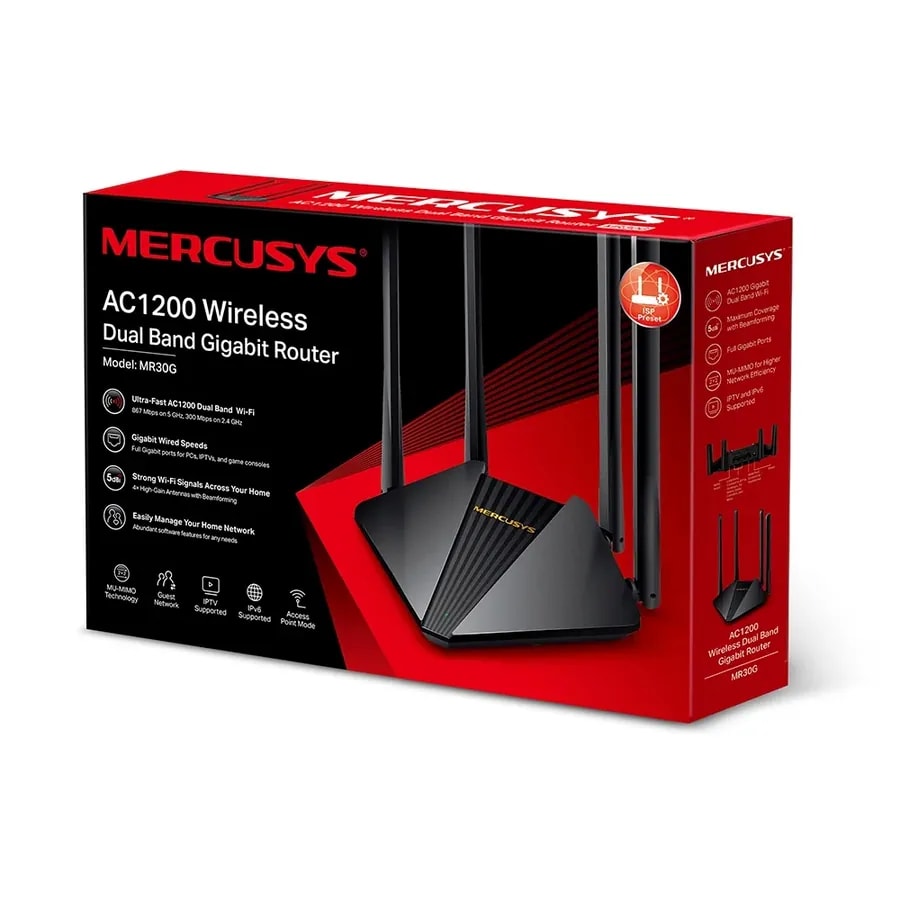 Router mercusys MR30G AC1200 gigabit dual band 5GHZ 867MBPS y 2.4GHZ 300MBPS 4 ant. 5DBI mu-mimo