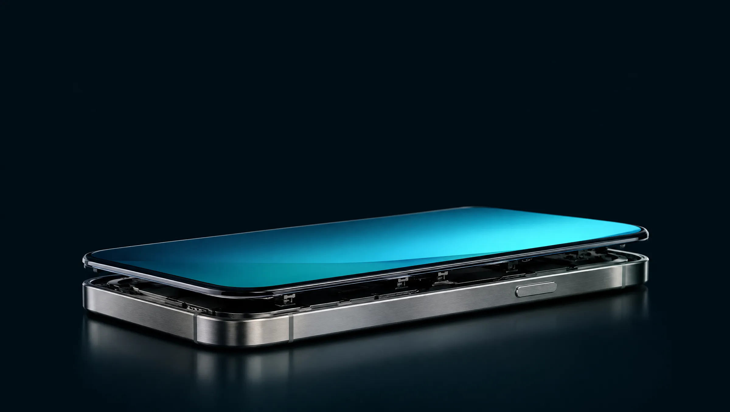 Celular abierto con pantalla nueva encendida en azul